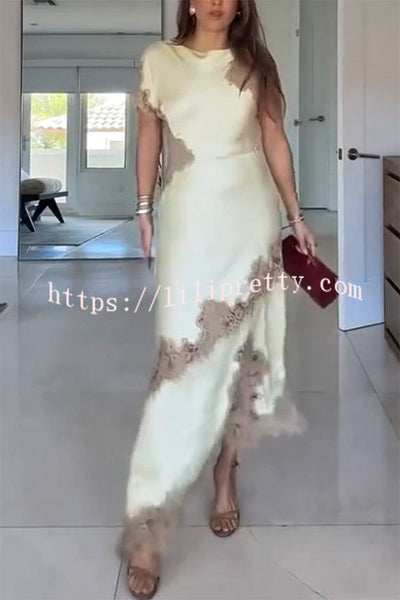 Paris Dream Satin Lace Trim Irregular Design Drape Maxi Dress