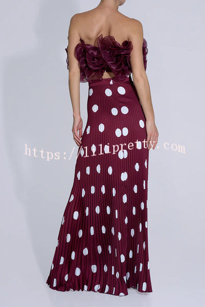 Eye-catching Satin Pleated Poka Dot Print High Rise Drape Maxi Skirt