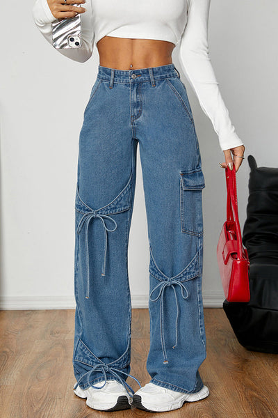 Fashion Bow Tie Workwear Loose Pocket Straight Jeans