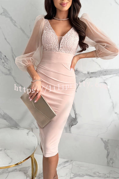 Subtle Charmer Lace and Tulle Patchwork Ruffle Sleeve Ruched Midi Dress