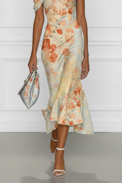Floral Off-shoulder Sleeveless Fishtail Midi Dress