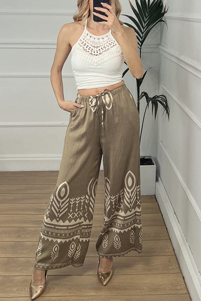 Unique Print Elastic Waist Casual Pocket Wide Leg Pants