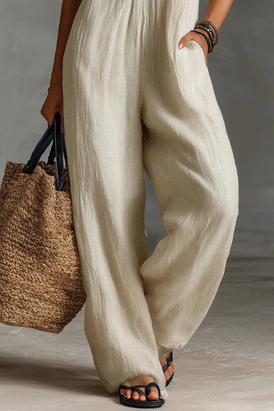 Linen Blend Sleeveless V-neck Casual Pocket Loose Jumpsuit