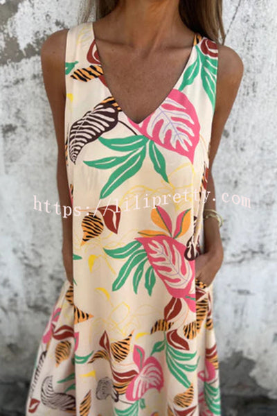 Botanical Print V-Neck Pocket Loose Casual Maxi Dress