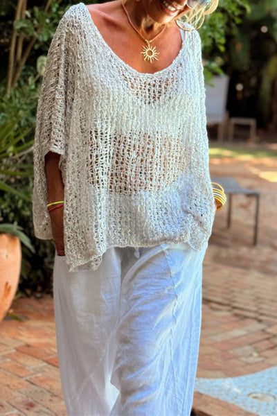 Solid Color Loose-fitting Openwork Casual Knitted Cover-up Top
