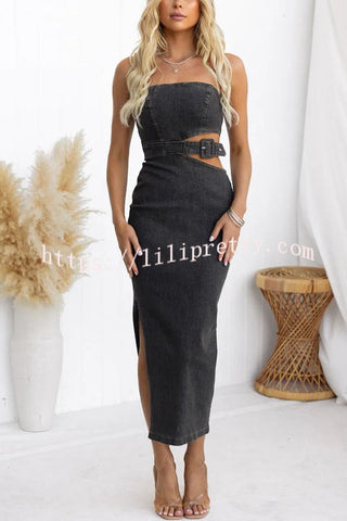 Chatting You Up Washed Denim Cutout Waist Belted Tube Stretch Dress