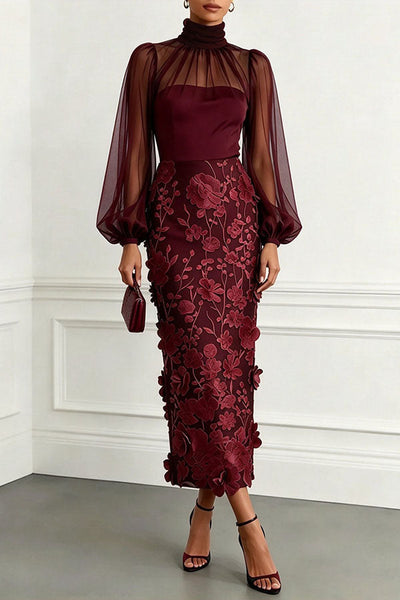 Tanie Tulle High Neck Long Lantern Sleeve 3D Floral Appliqués Hem Midi Dress
