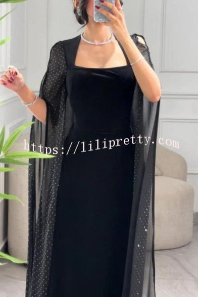 Solid Color Velvet Square Neck Slim Fit Rhinestone Maxi Dress