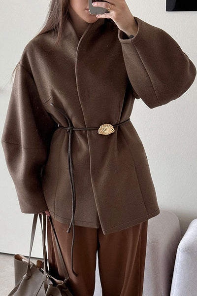 Fashionable Loose Long-sleeved Waist-tied Woolen Coat