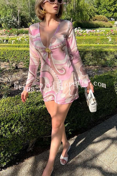 Tinslie Unique Print Metal Flower Cutout Long Sleeve Loose Mini Dress