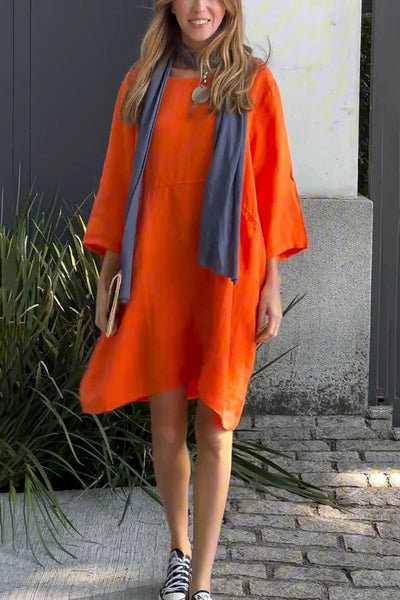 Linen Blend Solid Loose Casual Pocket Mini Dress