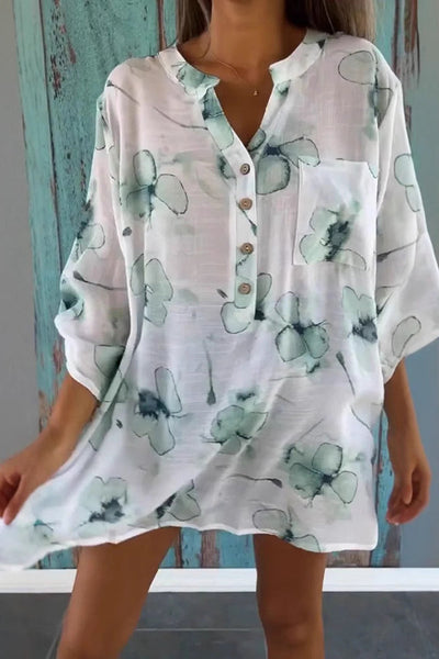 Botanical Print Casual V-Neck Pocket Loose Top