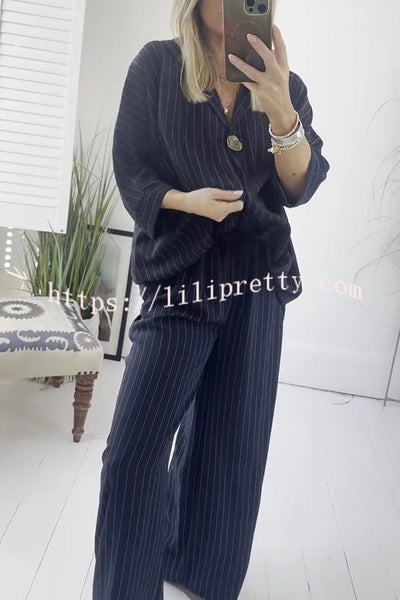 Fashion Striped Print Lapel Loose Top and Elastic Waist Casual Wide-leg Pants Set