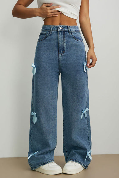 Fashion Bow Embellished High-Rise Casual Pocket Straight Jeans