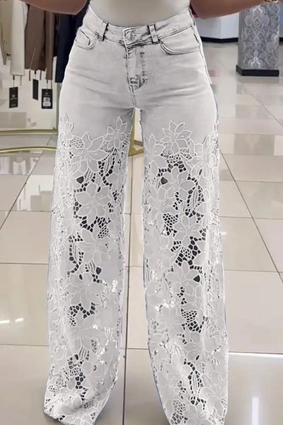 Fashion Hollow Lace Stitching Casual Pocket Denim Wide-leg Pants