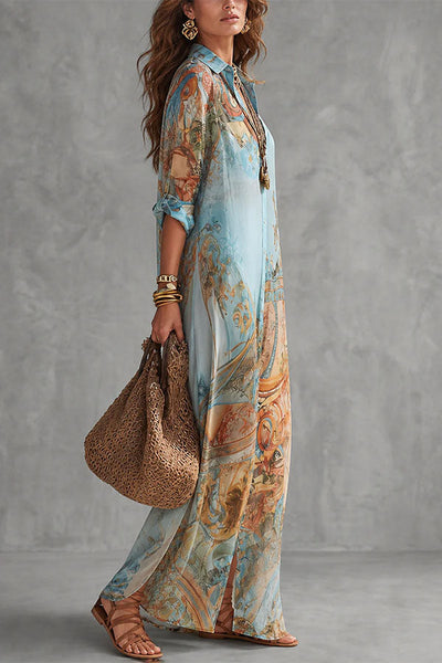 Boho Vintage Art Print Button Down Maxi Shirt Dress