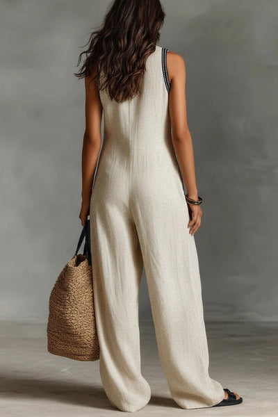 Linen Blend Sleeveless V-neck Casual Pocket Loose Jumpsuit