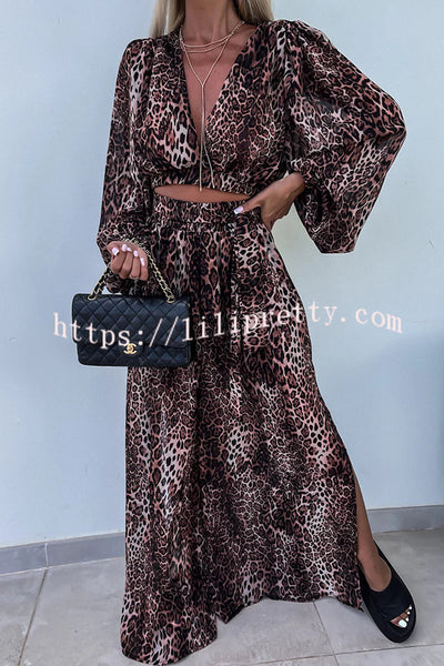 Lady Summer Leopard Print Lantern Sleeve Top and Elastic Waist Slit Pants Set
