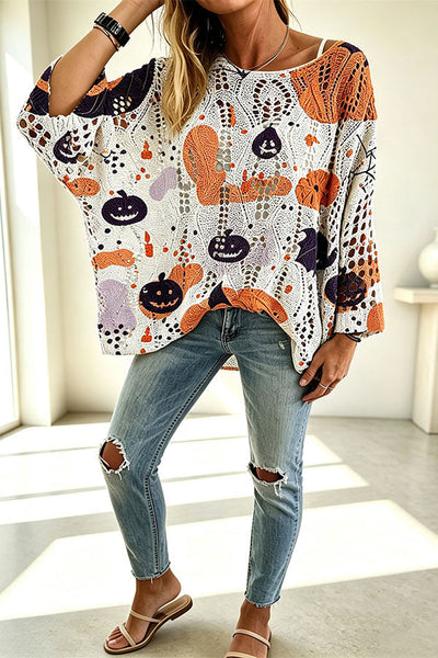 Halloween Pumpkin & Bat Hollow Out Knit Oversized Sweater
