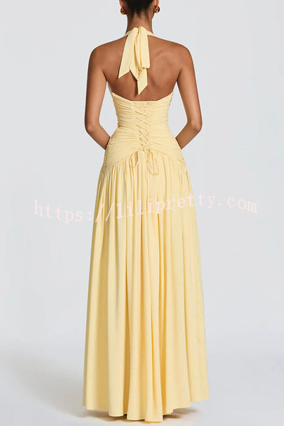 Amaris Halter Tie-up V-neck Ruched Detail Back Lace-up Slit Drape Maxi Dress