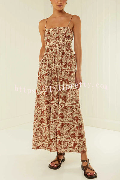 Unique Printed Suspender Backless Pleated Waist Maxi Dress
