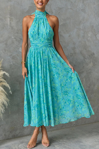 Eternal Bloom Chiffon Floral Print Halter Tie High Neck Maxi Dress