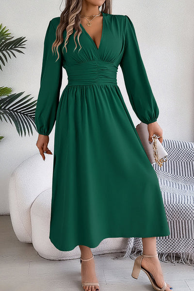 Solid Color V-neck Long-sleeved Fitted Waist Slit Elegant Midi Dress