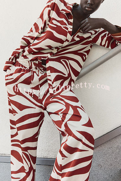 Unique Print Lapel Long Sleeve Loose Shirt and Elastic Waist Casual Pocket Wide Leg Pants Set