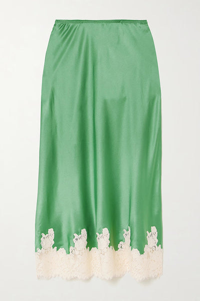 Celebration Look Contrast Color Satin Lace Trim Elastic Waist Drape Midi Skirt