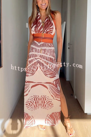 Vacay Bound Linen Blend Unique Botanical Print Halter Maxi Dress