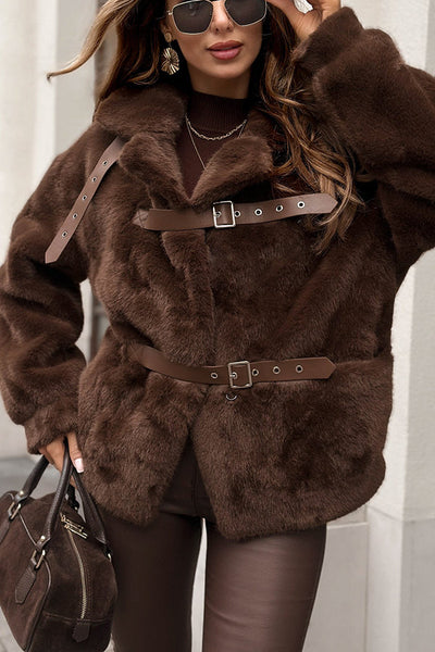 Chill Whispers Belt Buckle Design Long Sleeve Pocket Lapel Plush Coat