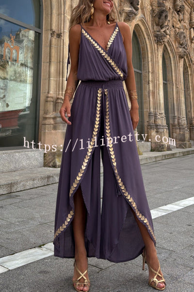 Tamia Gold Trim Elastic Waist Slit Wide Leg Slip Jumpsuit