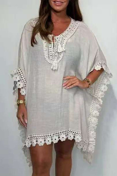 Solid Color Casual Lace Loose Cover Up Mini Dress