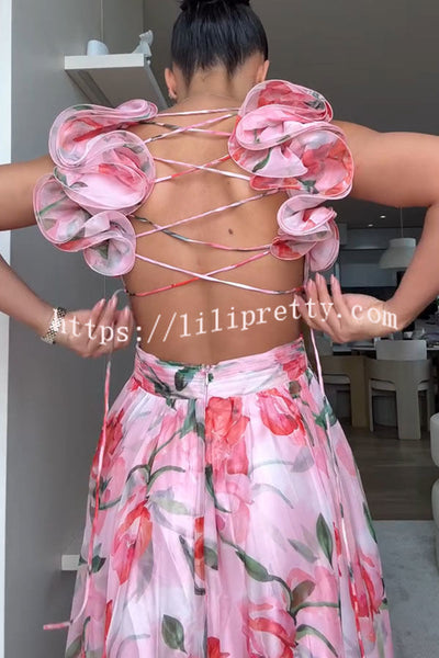 Whimsy Grace Tulle Floral Ruffle Detail Back Lace-up Pleated Maxi Dress