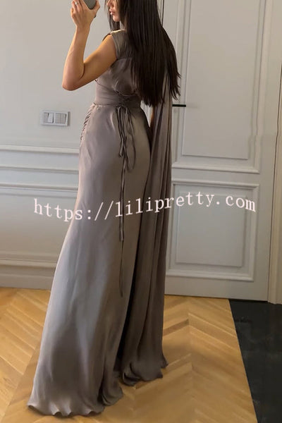 Solid Color Satin Sleeveless Waist Elegant Pleated Ribbon Maxi Dress