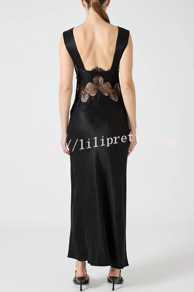 Wonderful Fusion Satin Lace Trim See-through Waist V-neck Drape Maxi Dress