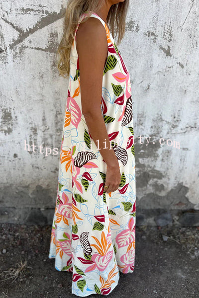 Botanical Print V-Neck Pocket Loose Casual Maxi Dress