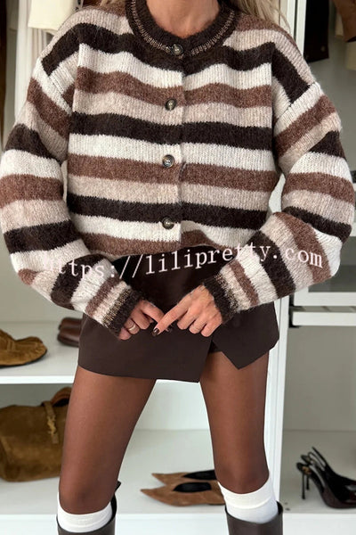 Chilly Days Fashion Knit Striped Button Up Long Sleeve Relaxed Cardigan