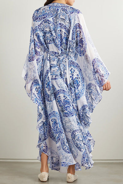 Blue and White Porcelain Print V-Neck Waist Loose Maxi Dress