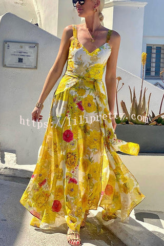 Sunshine Yellow Floral Print Belted Vacation Maxi Dress