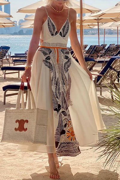 Botanical Print Sexy Halter Backless Maxi Dress