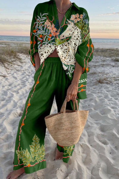 Spotted Horse Print Oversized Shirt and Elastic Waistband Pocket Trousers Set