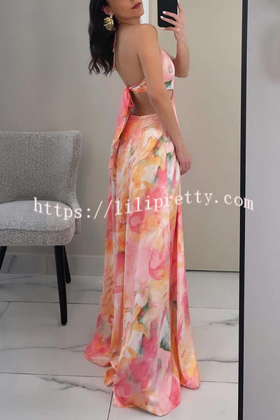 Korina Render Print Cutout Waist Halter Backless Maxi Dress