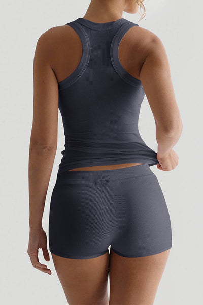 Fashionable Sports Yoga Style Sleeveless Square Neck Top and Elastic Slim Shorts Set