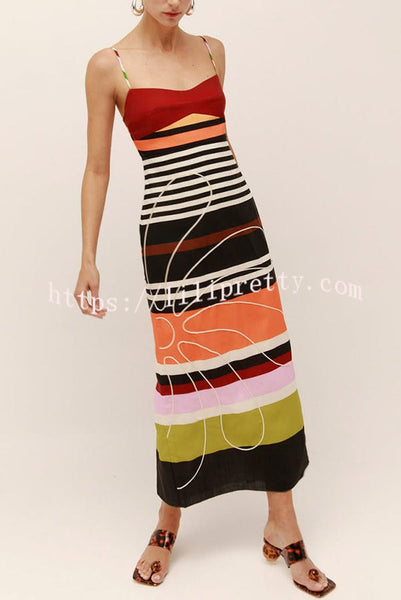 Beach Moment Linen Blend Unique Flower Color Block Slip Maxi Dress