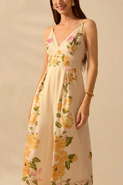 Bohemian Style Plant Print Casual Sling Holiday Loose Jumpsuit
