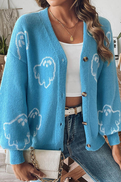 Halloween Ghost Pattern Casual Button-Down Knit Sweater