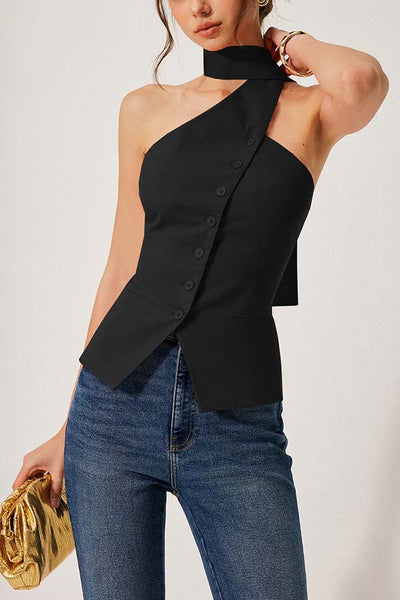 Rima Linen Blend Asymmetric Halter Neck Button Smocked Vest