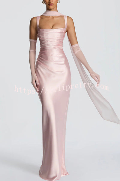Calanthe Satin Square Neck Ruched Back Lace-up Drape Mesh Scarf Maxi Dress