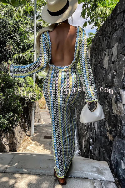 Ruffled Backless Long-sleeved Wavy Striped Beach Resort Maxi Dress